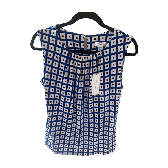 Calvin Klein Blue and White Pleated Sleeveless Blouse - Picture 1 of 5